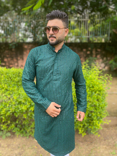 Forest Green Chikankari Sequined Kurta - Vachan