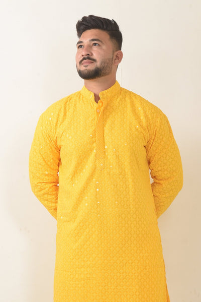 Golden Yellow Chikankari Sequined Kurta - Vachan