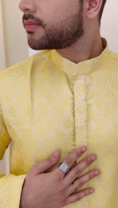 Golden Yellow Jacquard Kurta - Vachan