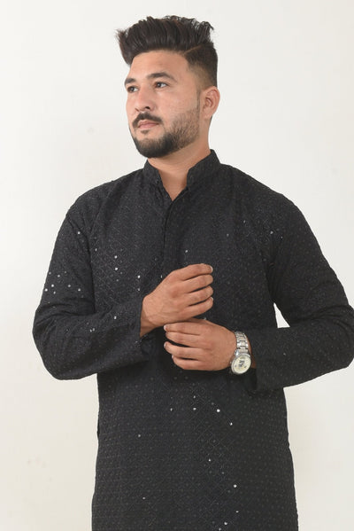 Midnight Black Chikankari Sequined Kurta - Vachan